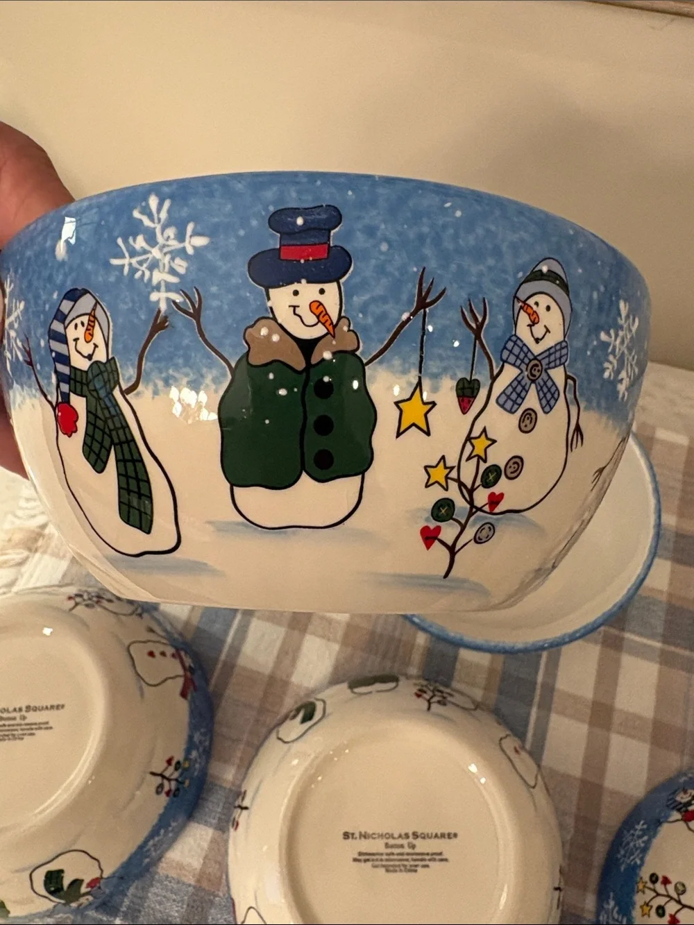 St. Nicholas Square 6 Button Up Blue Snowman Cereal / Soup Bowls Holiday